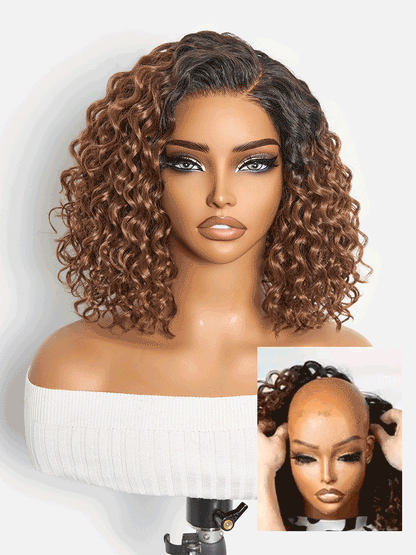 Ready to Go Blonde Highlight / Natural Black / Ombre Brown Water Wave Short Curly Bob Wig Glueless Minimalist HD Lace Wig Pre-Cut Lace-85