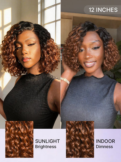 Ready to Go Blonde Highlight / Natural Black / Ombre Brown Water Wave Short Curly Bob Wig Glueless Minimalist HD Lace Wig Pre-Cut Lace-87
