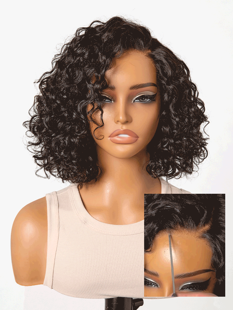 Ready to Go Blonde Highlight / Natural Black / Ombre Brown Water Wave Short Curly Bob Wig Glueless Minimalist HD Lace Wig Pre-Cut Lace-80