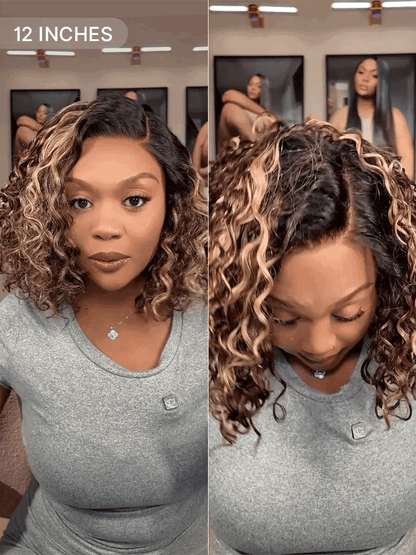 Luvme Hair blonde and black ombre water wave short curly bob wig with HD lace, pre-cut, glueless, minimalist style