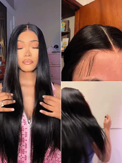 Luvme Hair AiryFit™ silky straight long wig with middle part, glueless 5x5 lace closure, pre-cut lace, and natural scalp appearance.