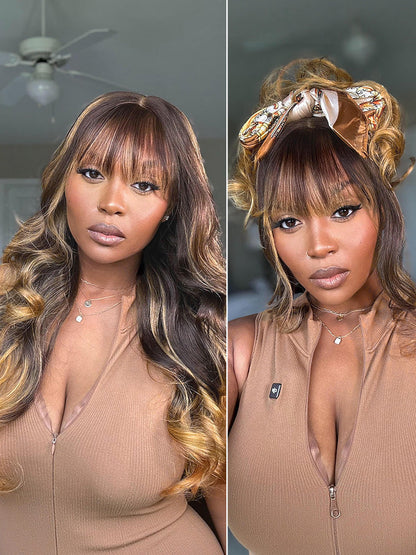 Luvme All-Day Comfort™ wig with loose body wave, ombre blonde highlights, bangs, 7x6 HD lace closure, human hair, glueless style