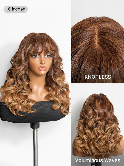 Luvme All-Day Comfort™ wig with ombre blonde highlights, loose body wave, glueless 7x6 HD lace closure, human hair with bangs