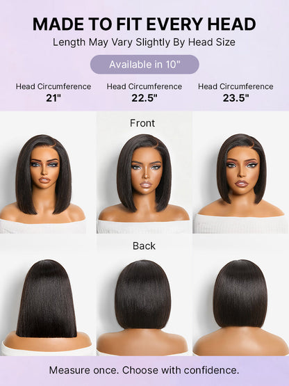 Luvme Hair natural black Yaki straight bob lace wig with pre-cut lace and minimal cap, showcasing sleek, all-day comfort style.