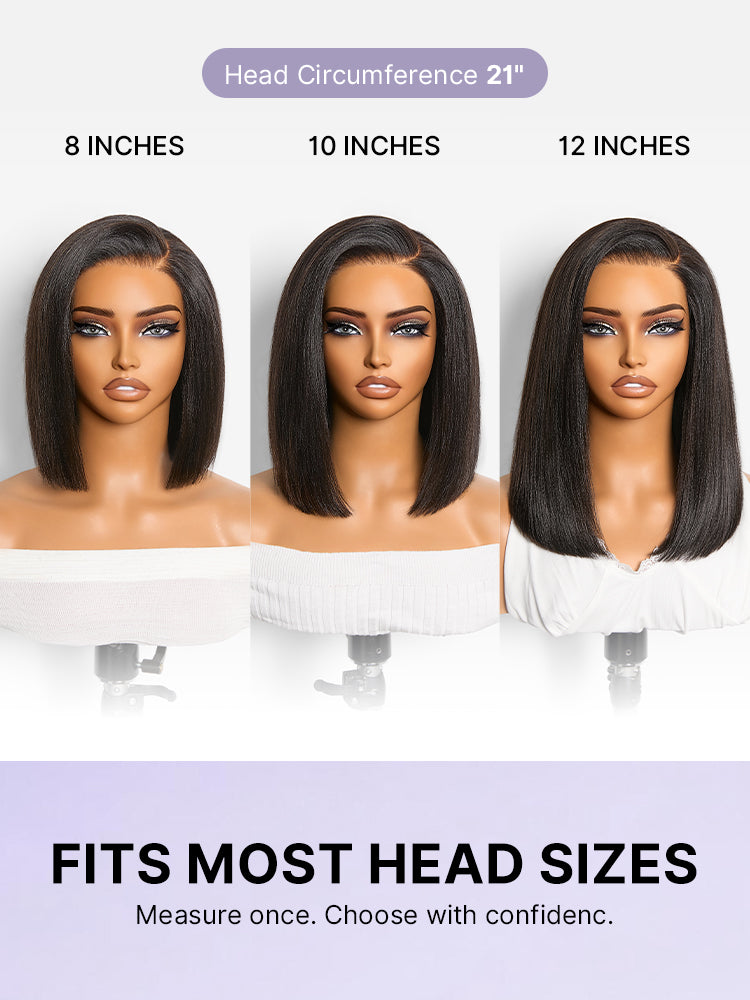 200% Density Natrual Black Yaki Straight Bob Glueless Minimalist Lace Wig Pre-cut Lace All-Day Comfort Cap-11