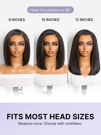 200% Density Natrual Black Yaki Straight Bob Glueless Minimalist Lace Wig Pre-cut Lace All-Day Comfort Cap-11