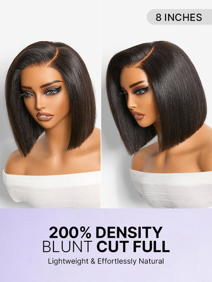 Luvme Hair black Yaki straight bob lace wig with pre-cut lace, glueless design, natural density, and comfortable cap.