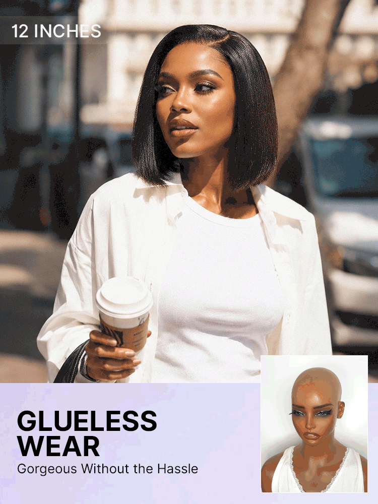 Luvme Hair black Yaki straight bob lace wig with pre-cut lace, glueless design, natural density, and all-day comfort cap.