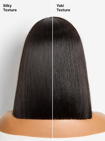 Natural black Yaki straight bob lace wig by Luvme Hair with pre-cut lace, glueless design, and all-day comfort cap.