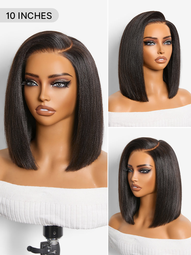 Luvme Hair black Yaki straight bob lace wig with pre-cut lace, glueless design, and all-day comfort cap.