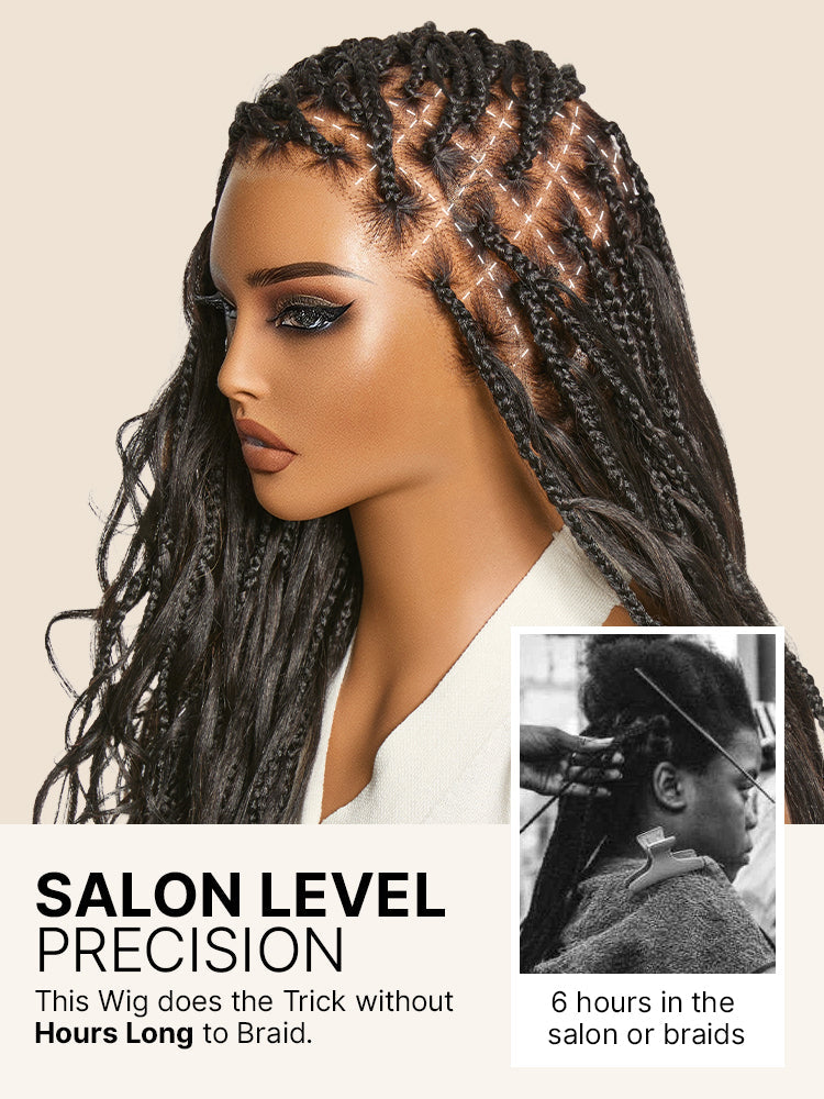 Luvme Hair OwnScalp™ French Curl Knotless Boho Braids HD full lace long wig with drawstring cap on a model.