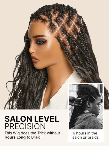 Luvme Hair OwnScalp™ French Curl Knotless Boho Braids HD full lace long wig with drawstring cap on a model.