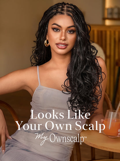 Luvme Hair OwnScalp French Curl Knotless Boho Braids HD lace long wig with flexi fit and drawstring cap, natural hairstyle.