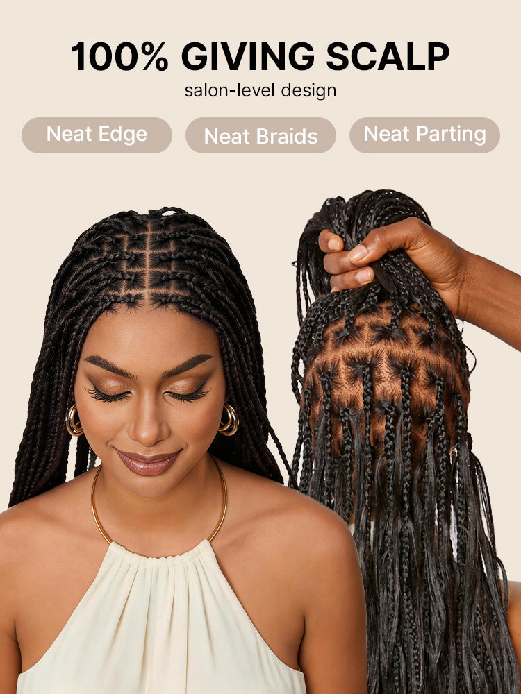 Luvme Hair OwnScalp French Curl Knotless Boho Braids HD full lace long wig with flexi fit and invisibility drawstring cap.