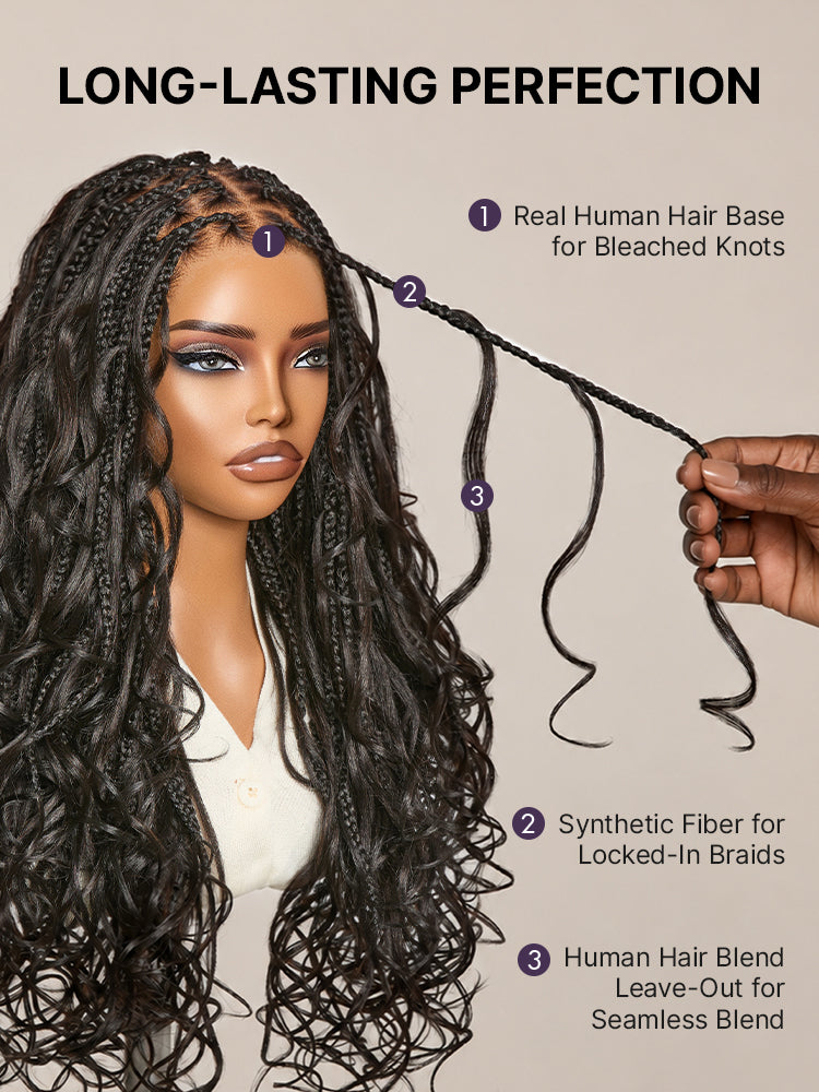 Luvme Hair OwnScalp™ French Curl Knotless Boho Braids HD full lace long wig with flexi fit and invisibility drawstring cap.