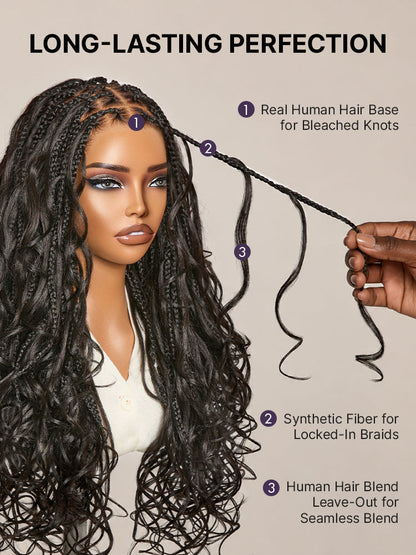 Luvme Hair OwnScalp™ French Curl Knotless Boho Braids HD full lace long wig with flexi fit and invisibility drawstring cap.
