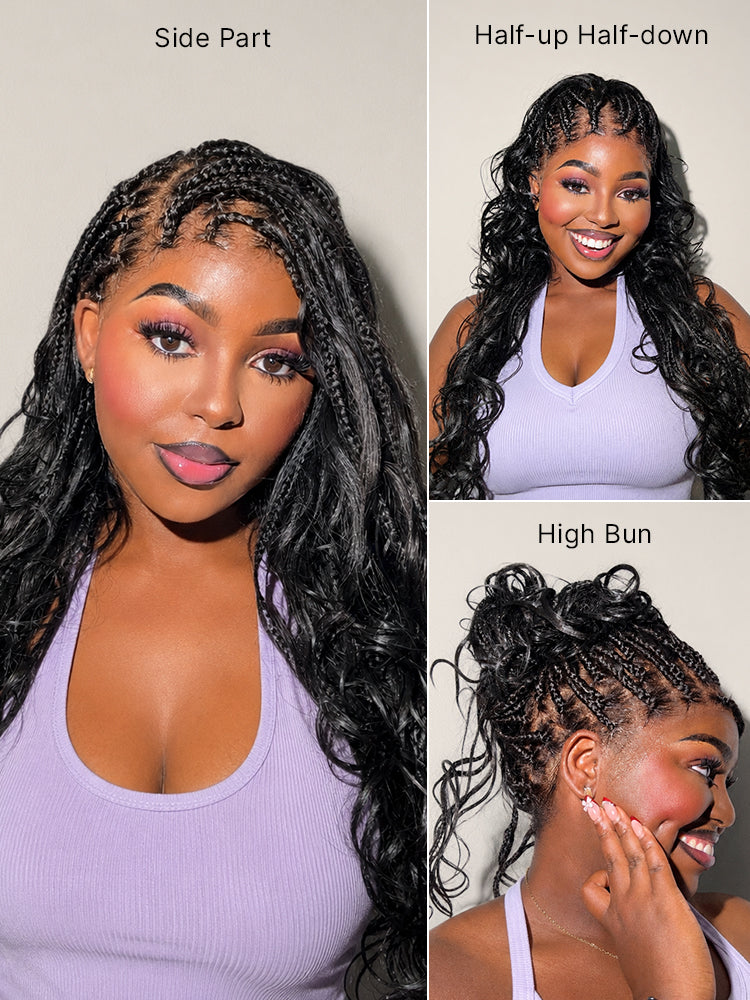 Luvme Hair OwnScalp™ French Curl Knotless Boho Braids HD full lace wig with long curls and flexible drawstring cap on a model.