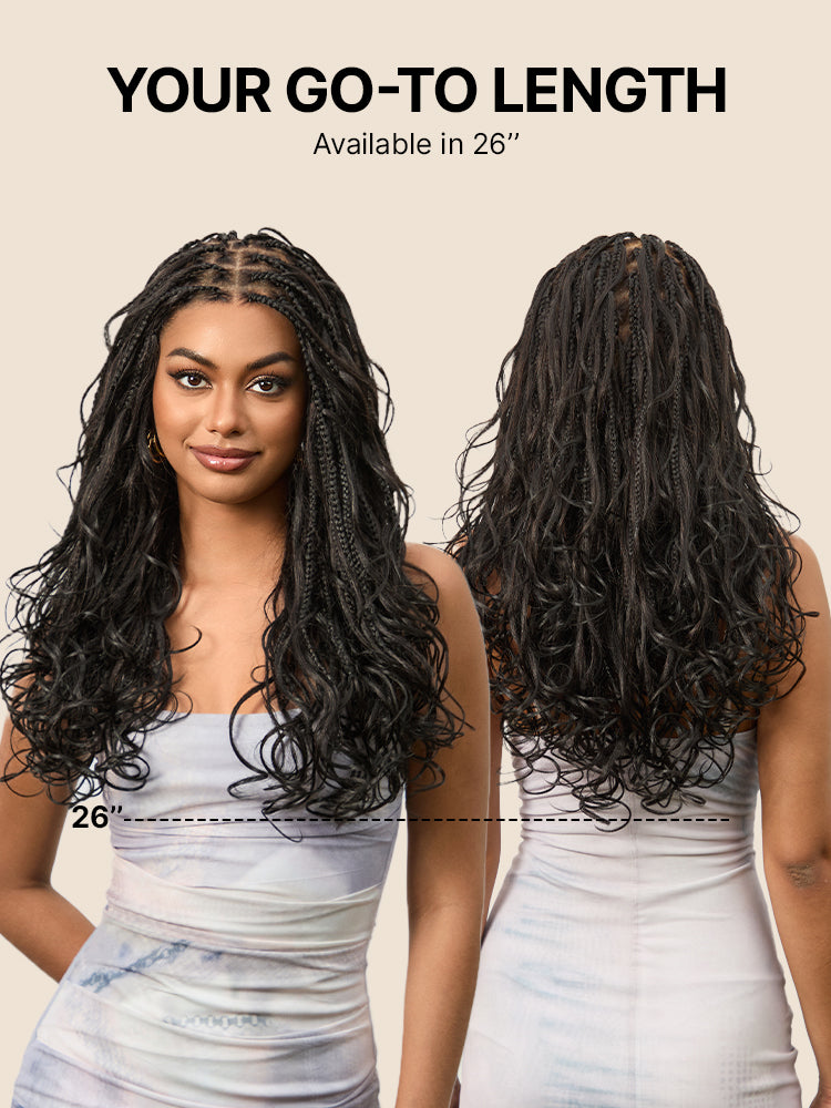 Luvme Hair OwnScalp French Curl Knotless Boho Braids HD full lace long wig with flexi fit and drawstring cap, natural hair appearance.