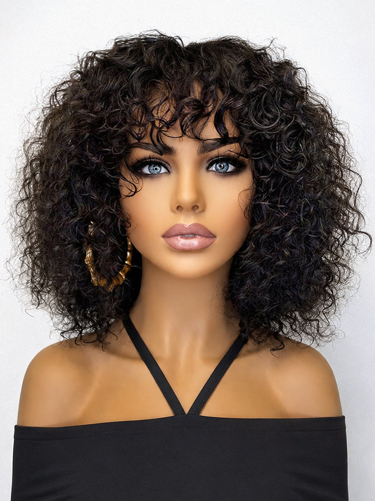 Luvme short curly lace wig with bangs, minimalist water wave style, glueless and beginner-friendly for easy wear and natural look