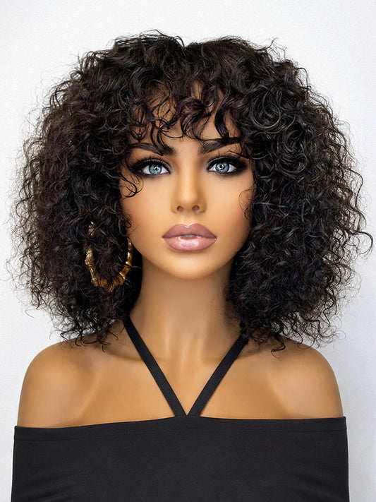 Luvme short curly lace wig with bangs, minimalist water wave style, glueless and beginner-friendly for easy wear and natural look