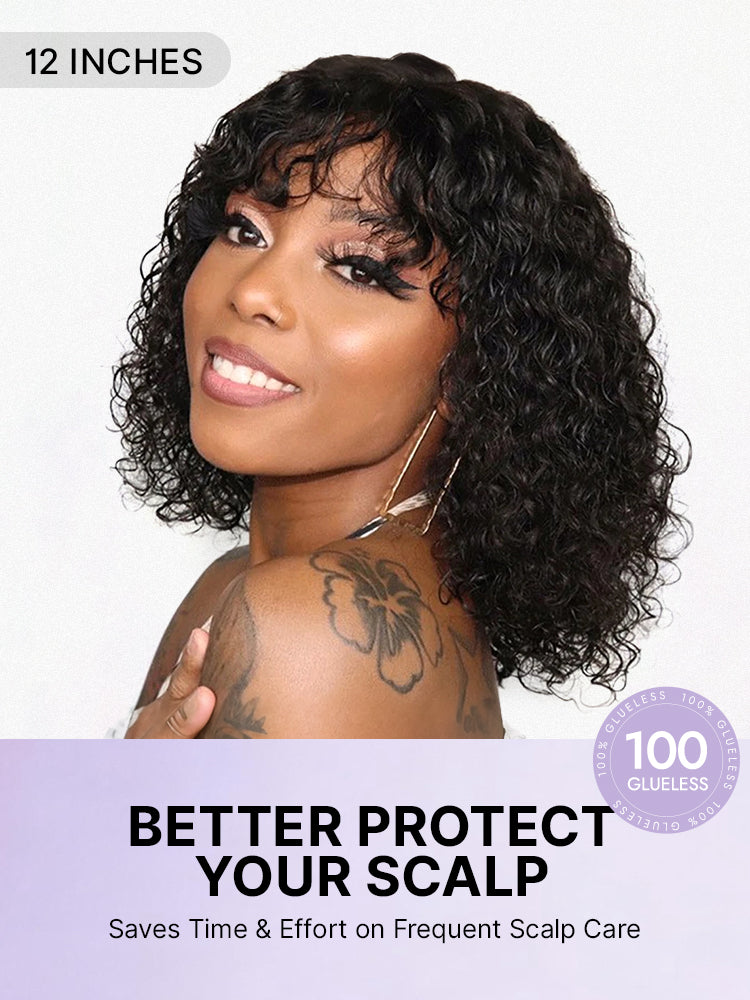Luvme minimalist lace wig with short curly water wave style, bangs, glueless fit, beginner-friendly, natural look