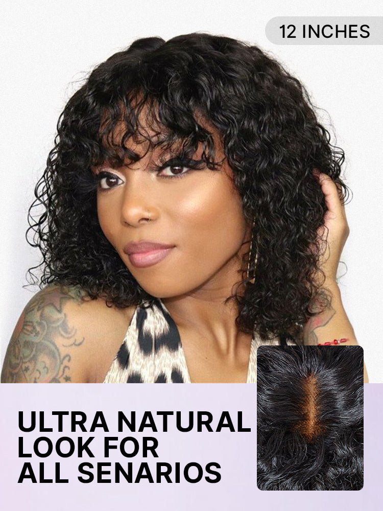 Luvme beginner-friendly water wave minimalist lace wig with short curly hair, bangs, and a glueless design for easy wear.