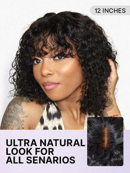 Luvme beginner-friendly water wave minimalist lace wig with short curly hair, bangs, and a glueless design for easy wear.