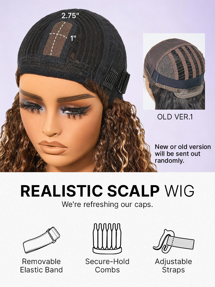 Luvme minimalist lace wig with short curly water wave style, bangs, glueless design, beginner-friendly for natural look.