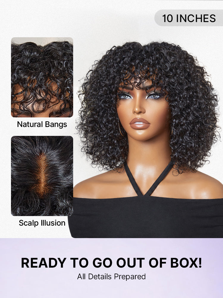 Luvme minimalist lace wig with short curly water wave style, bangs, and a natural, beginner-friendly glueless design.