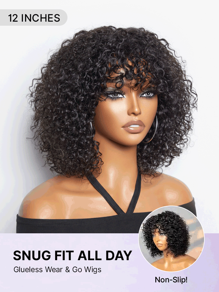 Luvme minimalist lace wig featuring short curly water wave style with bangs, beginner-friendly, glueless design, natural-looking hair.