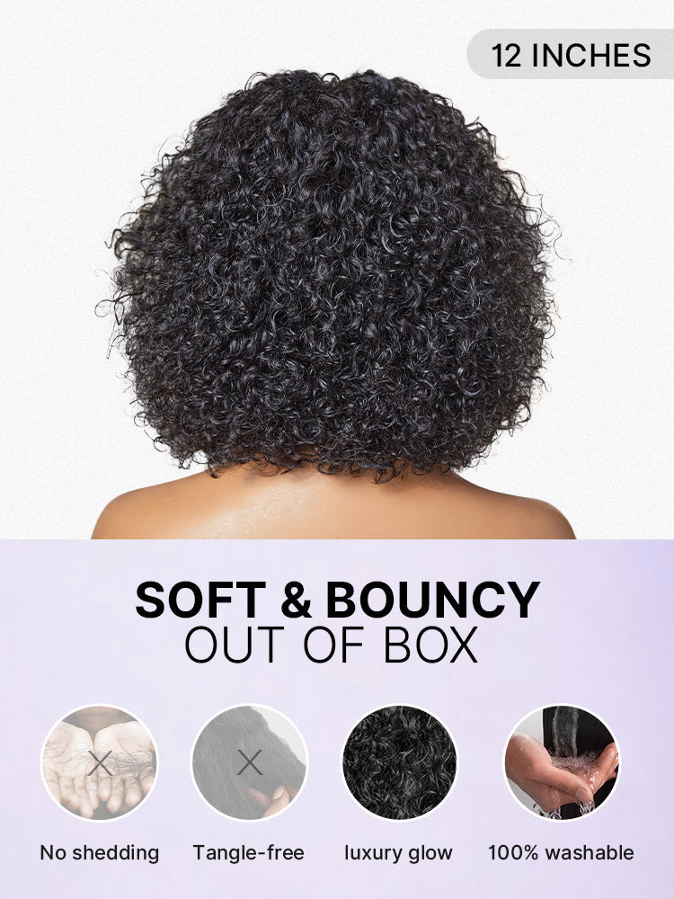 Luvme minimalist lace wig with short curly water wave style, bangs, glueless design, ideal for beginners.