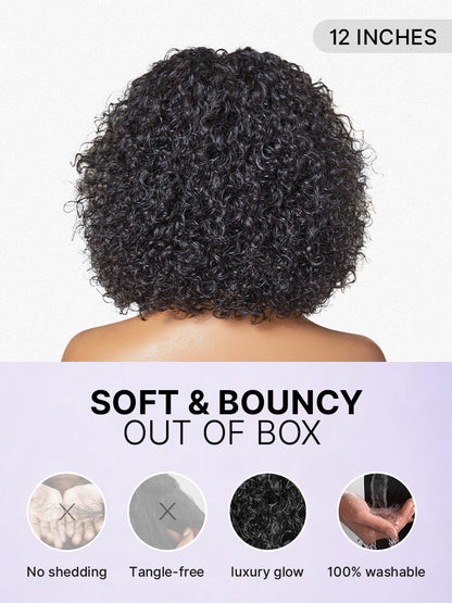 Luvme minimalist lace wig with short curly water wave style, bangs, glueless design, ideal for beginners.