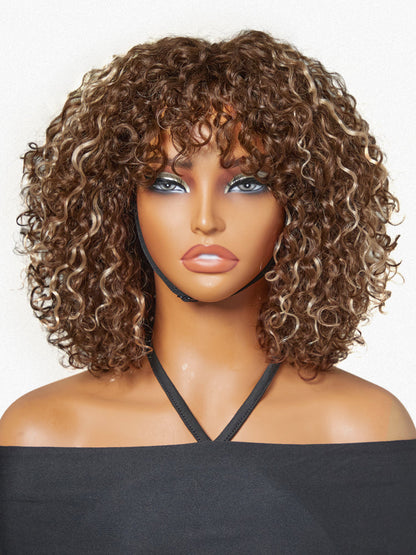 Luvme minimalist lace wig with short curly water wave style, bangs, glueless design, beginner-friendly, natural look.