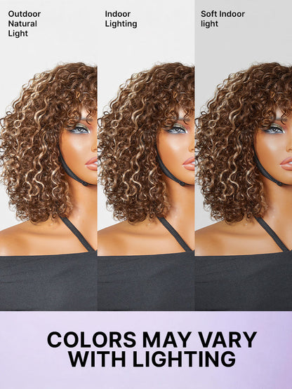 Luvme beginner-friendly water wave minimalist lace wig with short curly hair, bangs, and a natural, glueless design