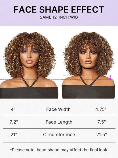 Luvme minimalist lace wig with short curly water wave style, bangs, and a natural, beginner-friendly glueless design.