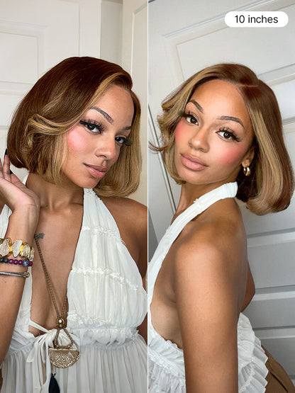 Luvme Hair honey blonde face-framing highlights layered bob wig with 5x5 lace closure and pre-cut lace for all-day comfort.