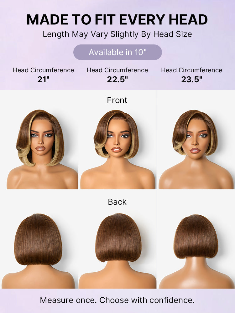 Luvme Hair honey blonde layered face-framing bob wig with all-day comfort, 5x5 lace closure, pre-cut lace, and blowout style.