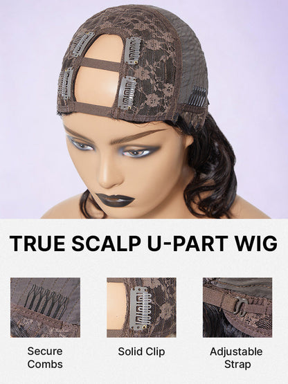 Luvme U Part Wig with body wave, straight, kinky, and deep wave human hair styles displayed on a model.
