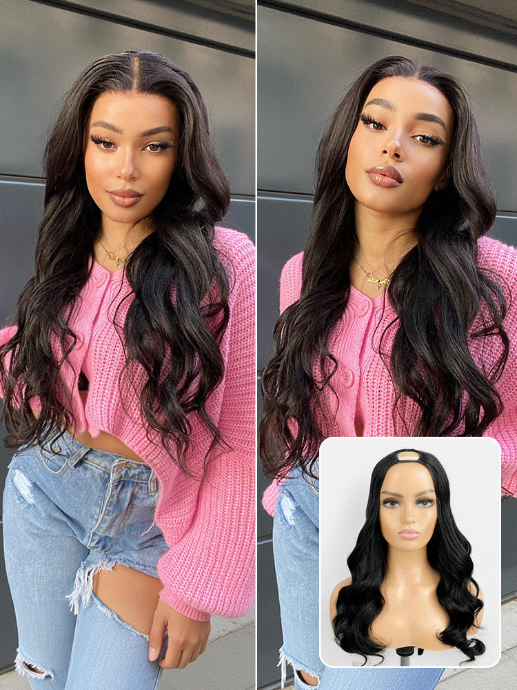 Luvme U Part Wig with body wave, straight, kinky, and deep wave human hair options, showing natural hair texture and construction
