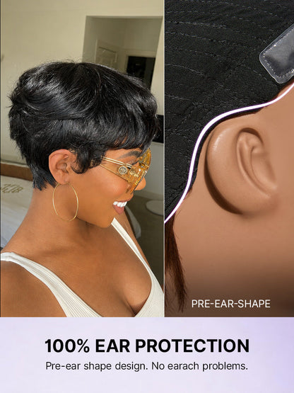 Luvme Hair Throw On & Go short cut wig with bangs, soft skin-like comfort, glueless design, suitable for hair loss.