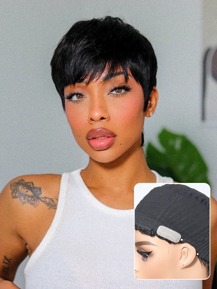 Luvme Hair throw-on short wig with bangs, skin-like soft care, glueless design, lightweight and hair loss friendly.