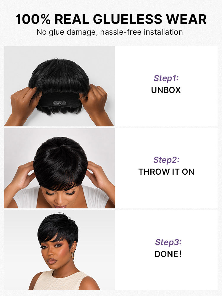 Luvme Hair Throw On & Go short cut wig with bangs, skin-like soft comfort, glueless design, ideal for hair loss concealment.