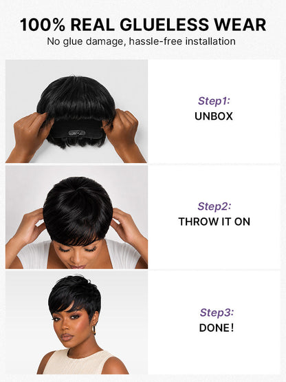 Luvme Hair Throw On & Go short cut wig with bangs, skin-like soft comfort, glueless design, ideal for hair loss concealment.