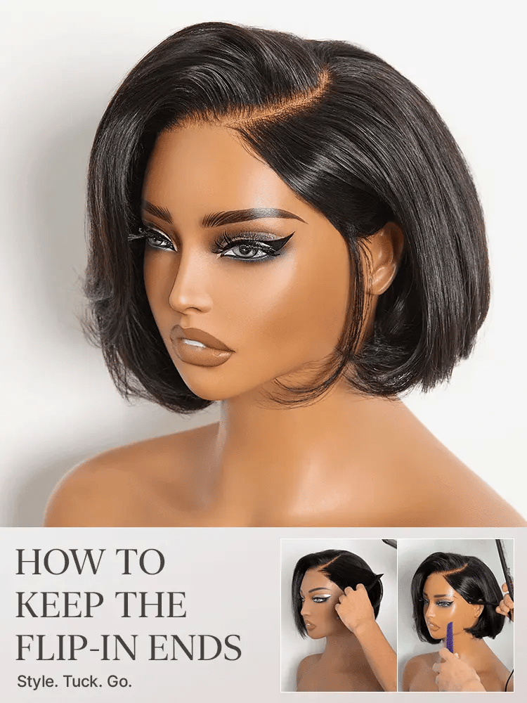 Luvme Hair 180% density sleek short bob HD lace wig with pre-cut lace and comfortable cap, showcasing smooth, straight black hair.