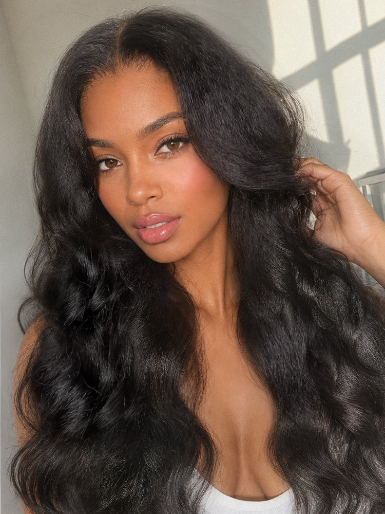 180% Density Light Kinky Straight Butterfly Cut Layered / Kinky Body Wave Glueless 7x6 Closure HD Lace Wig Pre-Cut Lace-25
