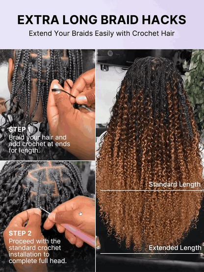 Luvme Hair Miracle Knots colored crochet hair in ombre brown with wet and wavy texture, styled in boho braids and twists.