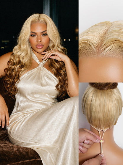 Luvme Hair 613 Blonde with Caramel Ombre 13x4 HD lace front wig featuring loose waves and pre-cut lace, 180% density human hair.