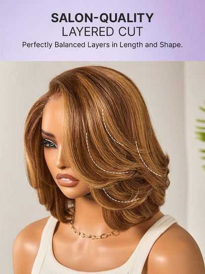 Luvme Hair toffee brown layered 5x5 closure lace bob wig with blonde highlights, glueless design, and all-day comfort cap.