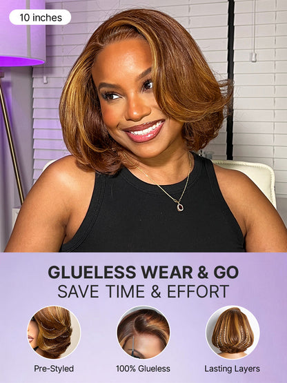 Toffee brown mix blonde and brown layered 5x5 closure lace bob wig with pre-cut lace by Luvme Hair, all-day comfort cap