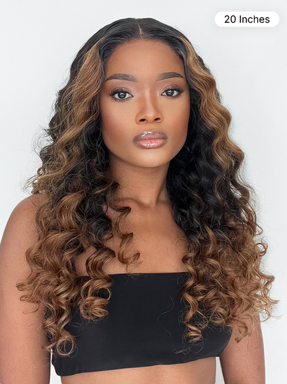 Luvme Hair fluffy brown ombre water wave 5x5 closure wig with long curly hair and breathable cap, HD lace for natural look